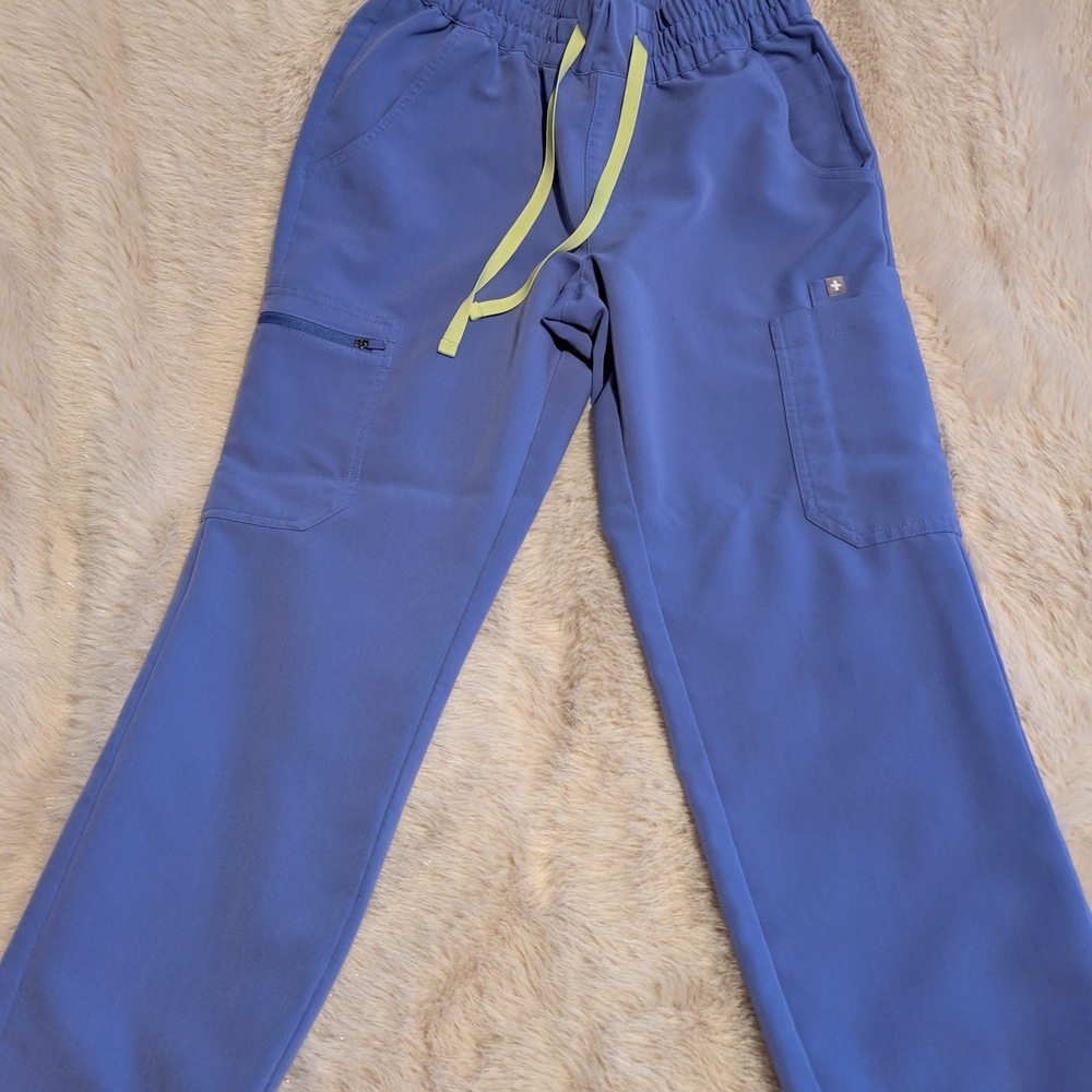 Figs Blue Scrub Pants with Yellow Drawstring